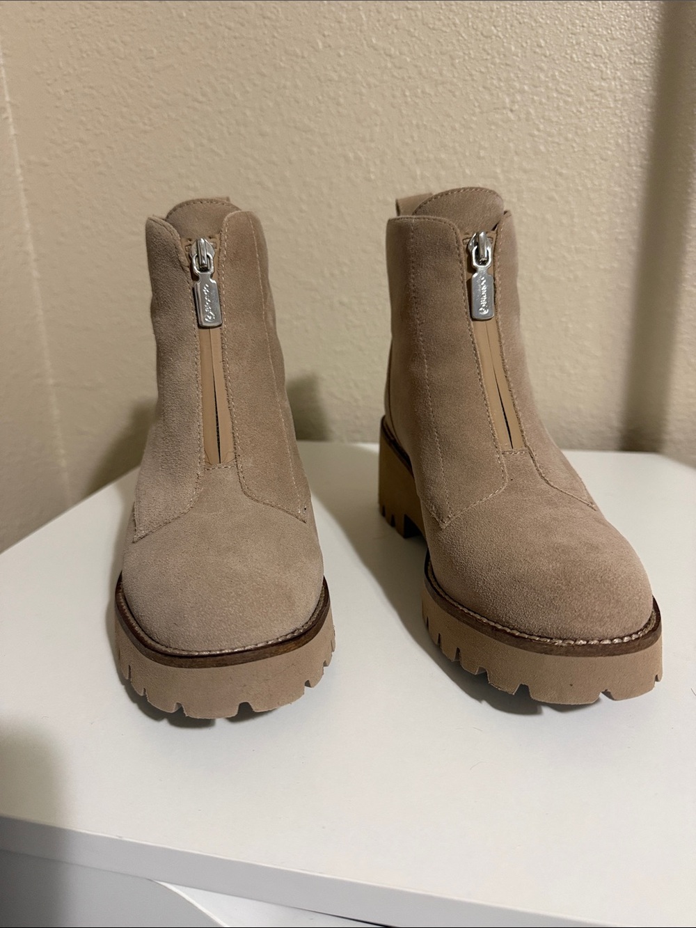 Blondo Taupe Suede Zip Front Lug Heel Booties
